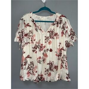 Tamara H Women's Ivory V-Neck Pink Floral Blouse Gathered Waist Print Size 1X